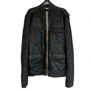 7 for all mankind Black Wool Linen Blend Leather Full Zip Jacket Size Large